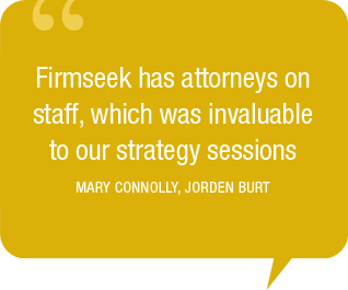 Firmseek has attorneys on staff, which was invaluable to our strategy sessions. - mary connolly, jorden burt